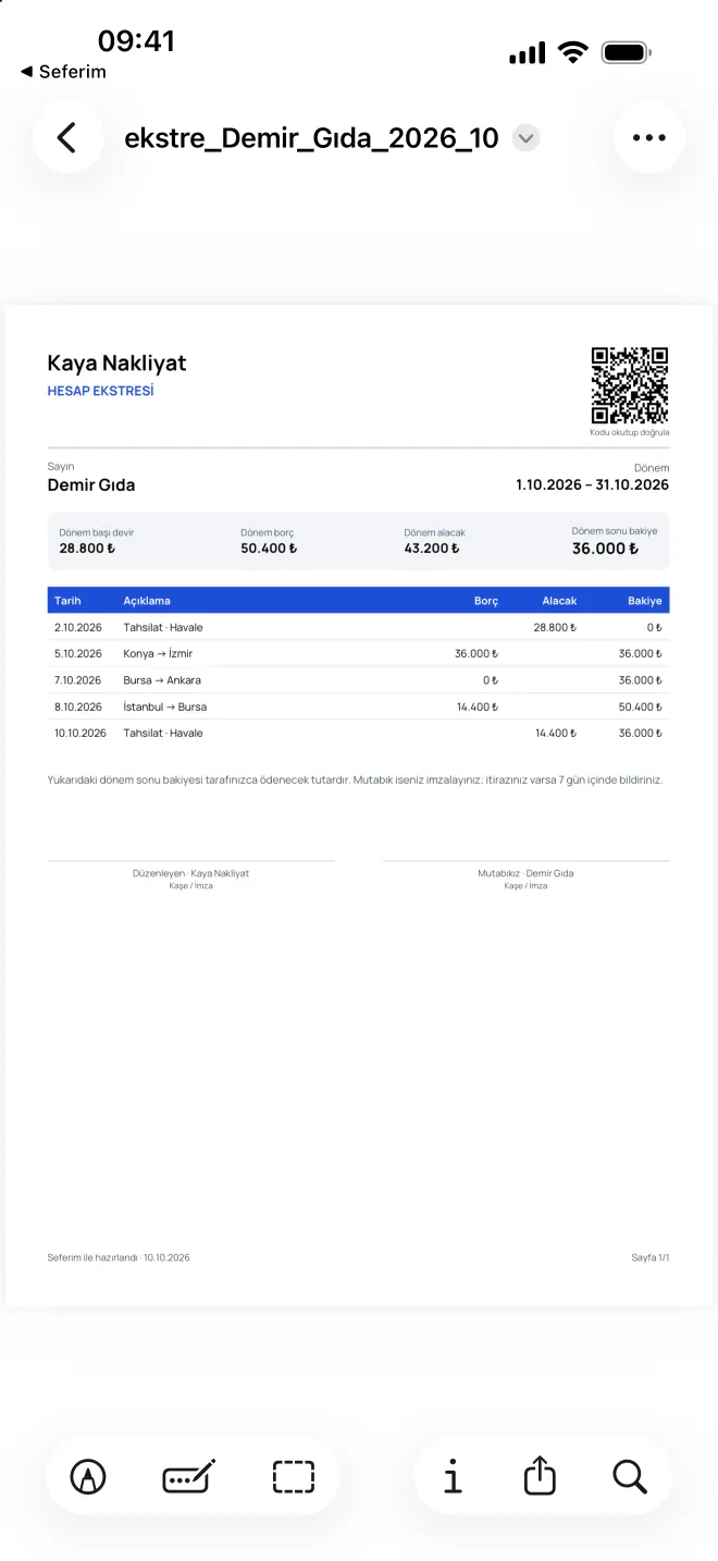 Demir Gıda için PDF hesap ekstresi: Kaya Nakliyat başlığı, sağ üstte doğrulama QR kodu, dönem hareketleri ve bakiye.